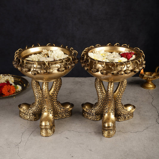 Pure Brass Vastu Urli with Fish Legs pair  - Set of two 8"