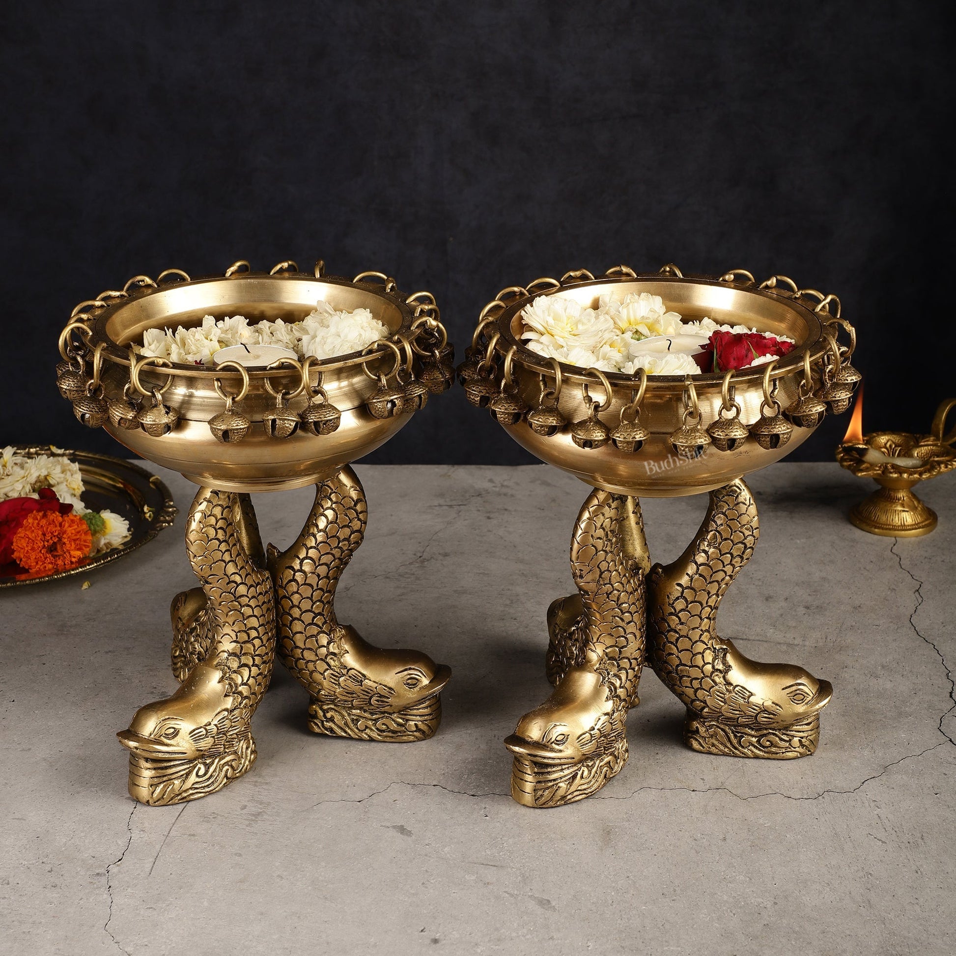 Pure Brass Vastu Urli with Fish Legs pair  - Set of two 8"