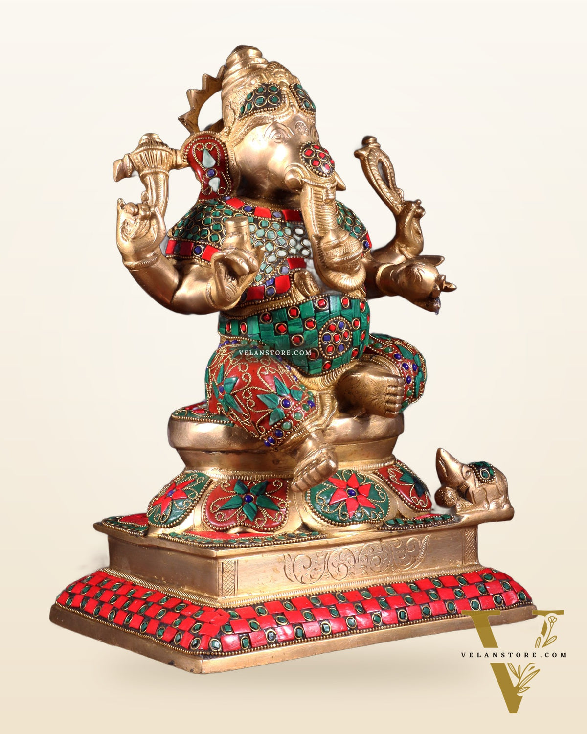 Pure Brass Vinayaka Ganapati Statue – Right Trunk valampuri | Intricate Floral Stonework (13 Inch)