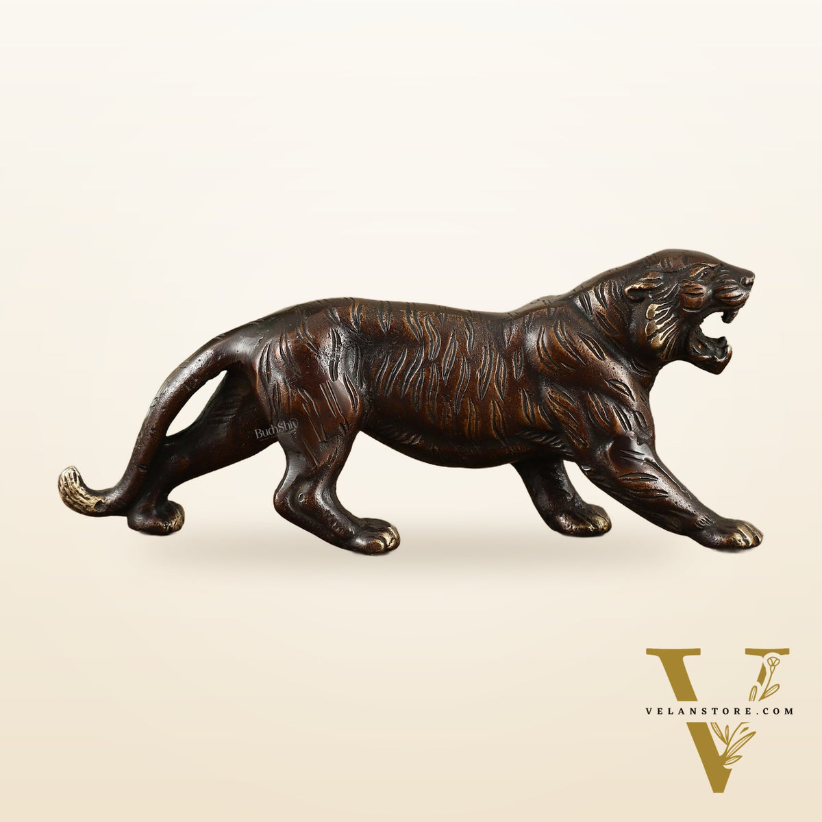Pure Brass Vintage Brown Tiger Table Accent Showpiece – Vastu Feng Shui Approved | 9.5" Wide