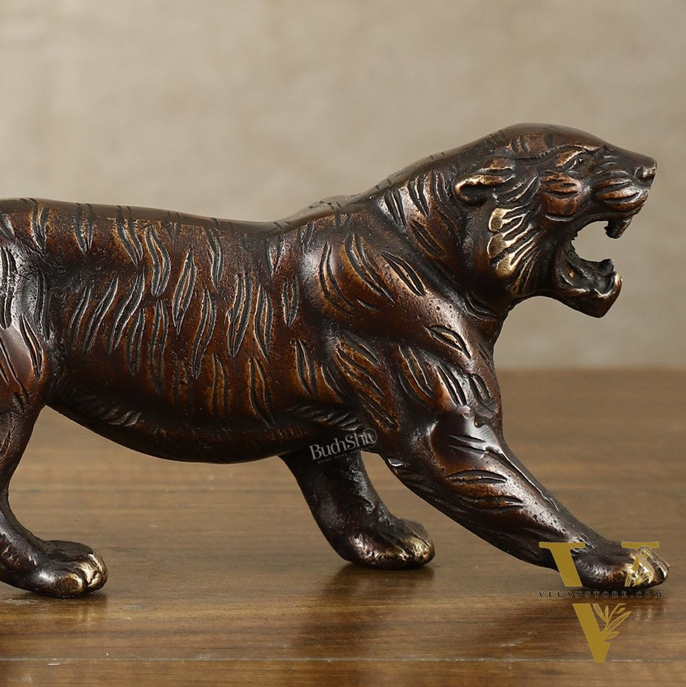 Pure Brass Vintage Brown Tiger Table Accent Showpiece – Vastu Feng Shui Approved | 9.5" Wide