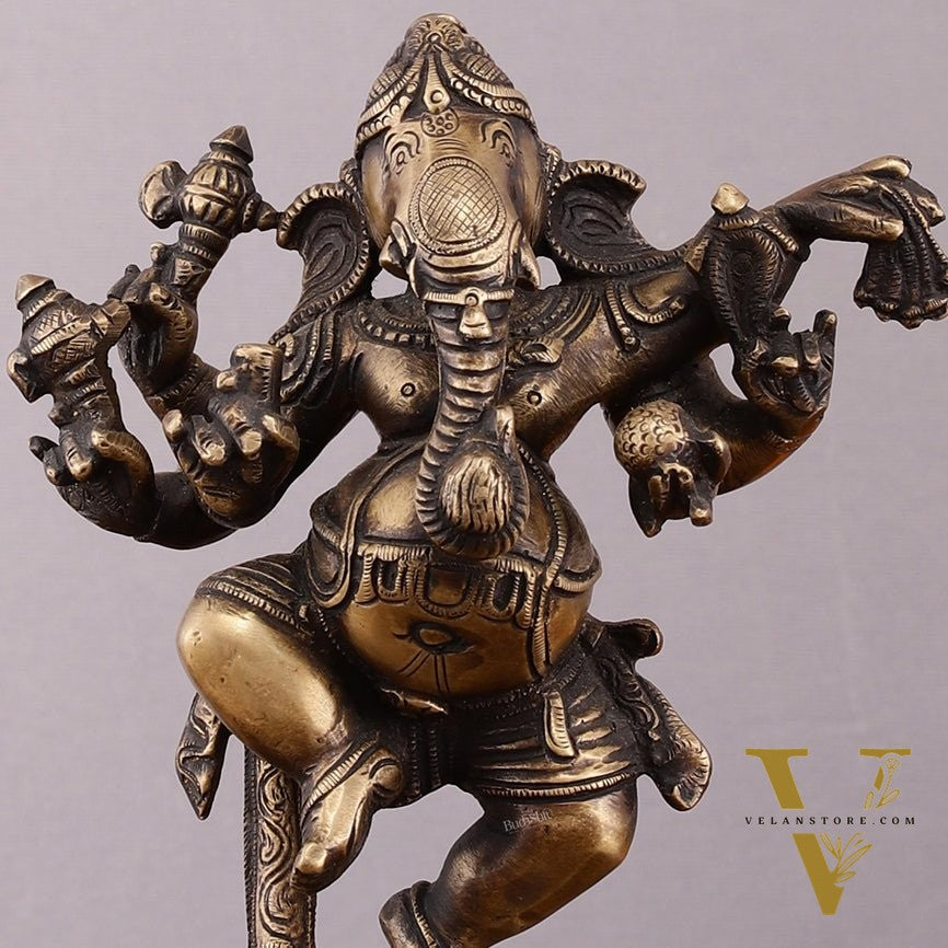 Pure Brass Vintage Dancing Ganapati Statue – 9 inch