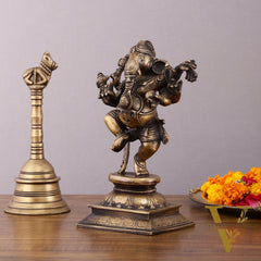 Pure Brass Vintage Dancing Ganapati Statue – 9 inch
