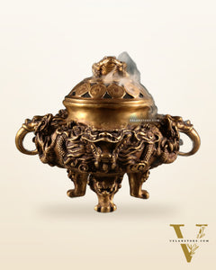 Pure Brass Vintage Dhoop Burner with Buddhist Dragon Carvings 6"