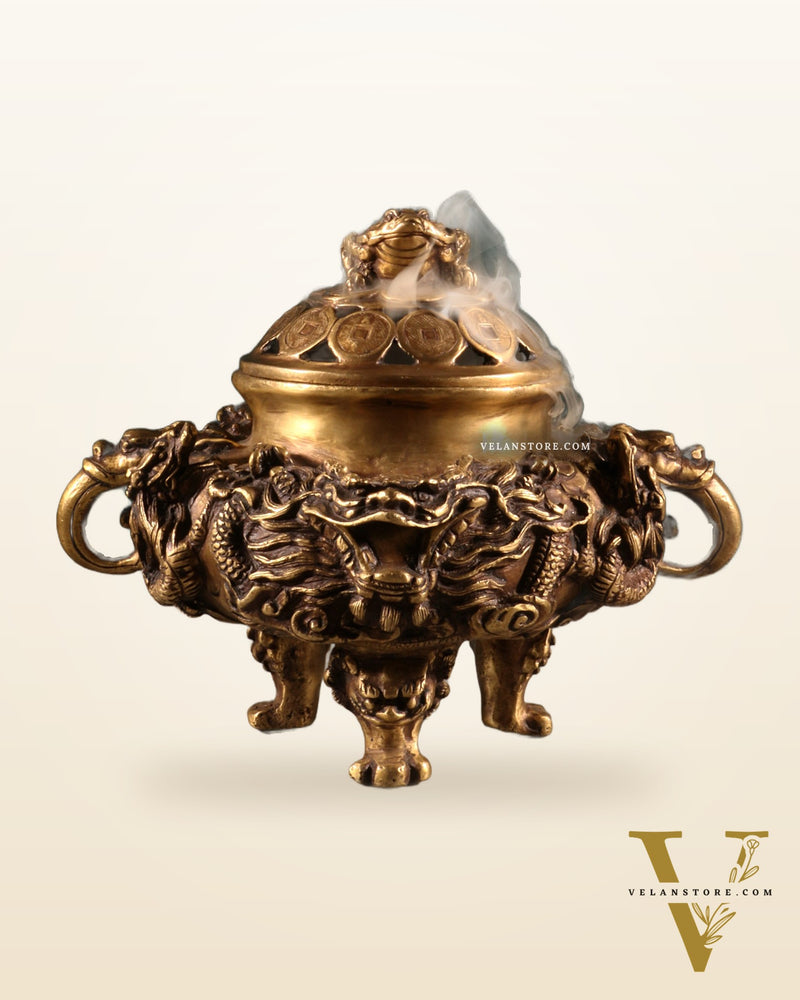 Pure Brass Vintage Dhoop Burner with Buddhist Dragon Carvings 6"