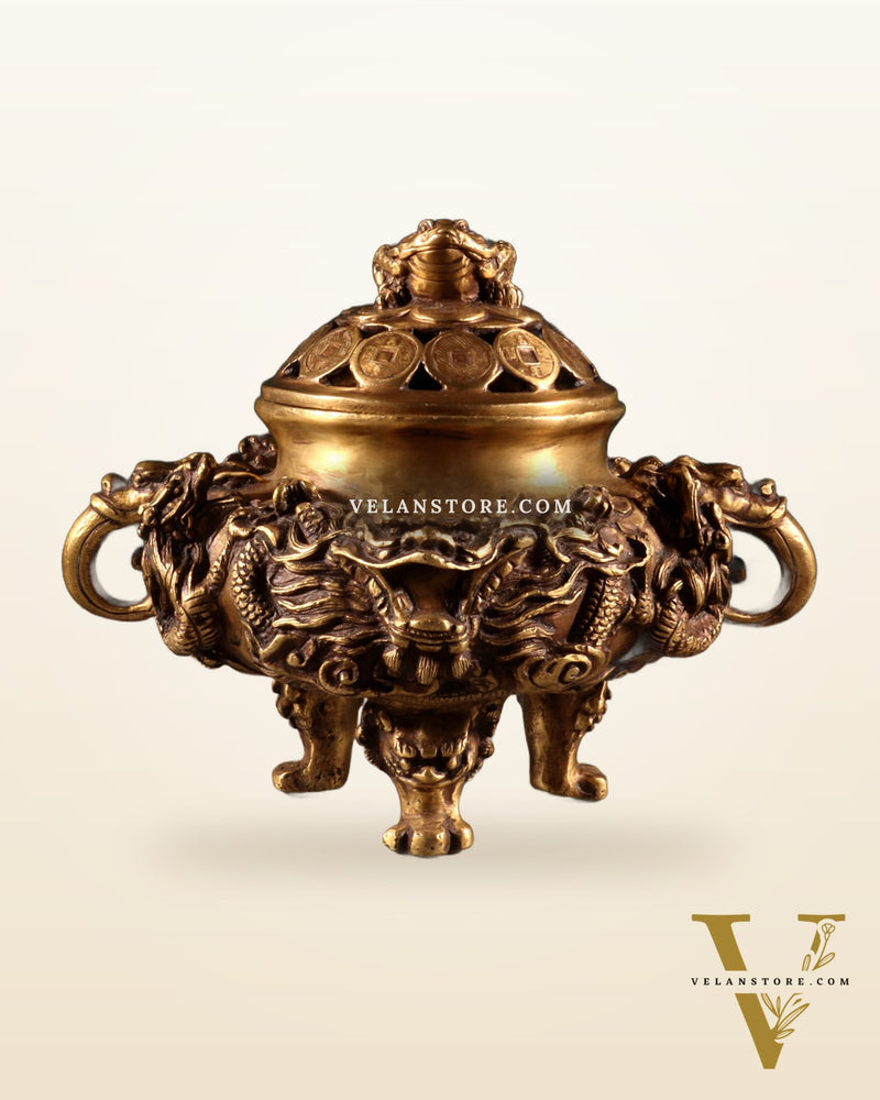 Pure Brass Vintage Dhoop Burner with Buddhist Dragon Carvings 6"