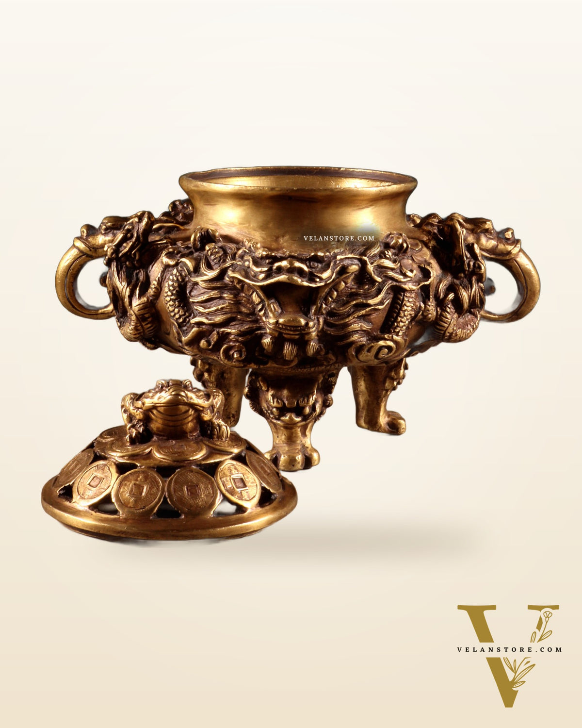 Pure Brass Vintage Dhoop Burner with Buddhist Dragon Carvings 6"