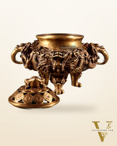 Pure Brass Vintage Dhoop Burner with Buddhist Dragon Carvings 6"