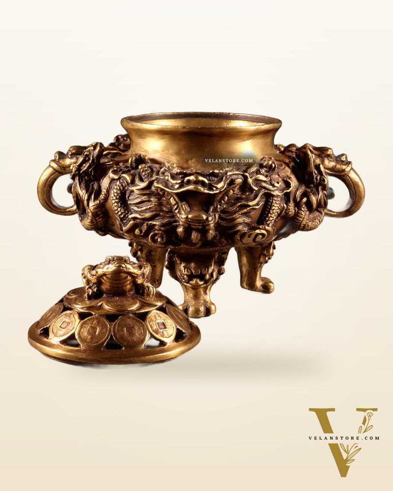 Pure Brass Vintage Dhoop Burner with Buddhist Dragon Carvings 6"