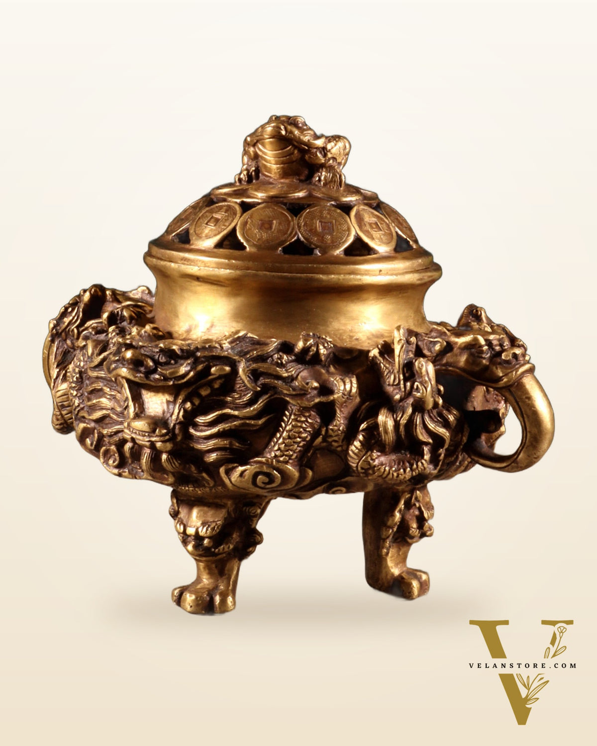 Pure Brass Vintage Dhoop Burner with Buddhist Dragon Carvings 6"