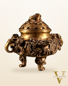 Pure Brass Vintage Dhoop Burner with Buddhist Dragon Carvings 6"