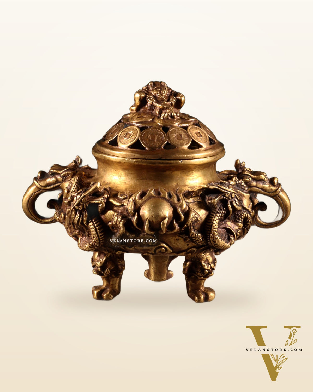 Pure Brass Vintage Dhoop Burner with Buddhist Dragon Carvings 6"