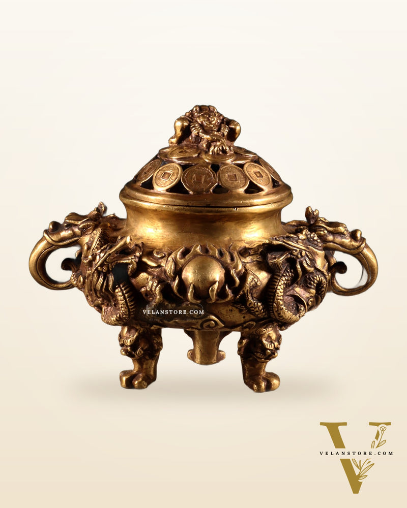 Pure Brass Vintage Dhoop Burner with Buddhist Dragon Carvings 6"