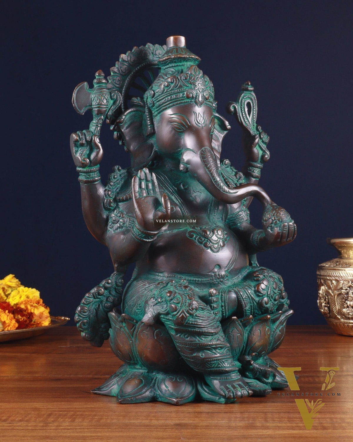 Pure Brass vintage Ganesha Idol with bronze finish 12"