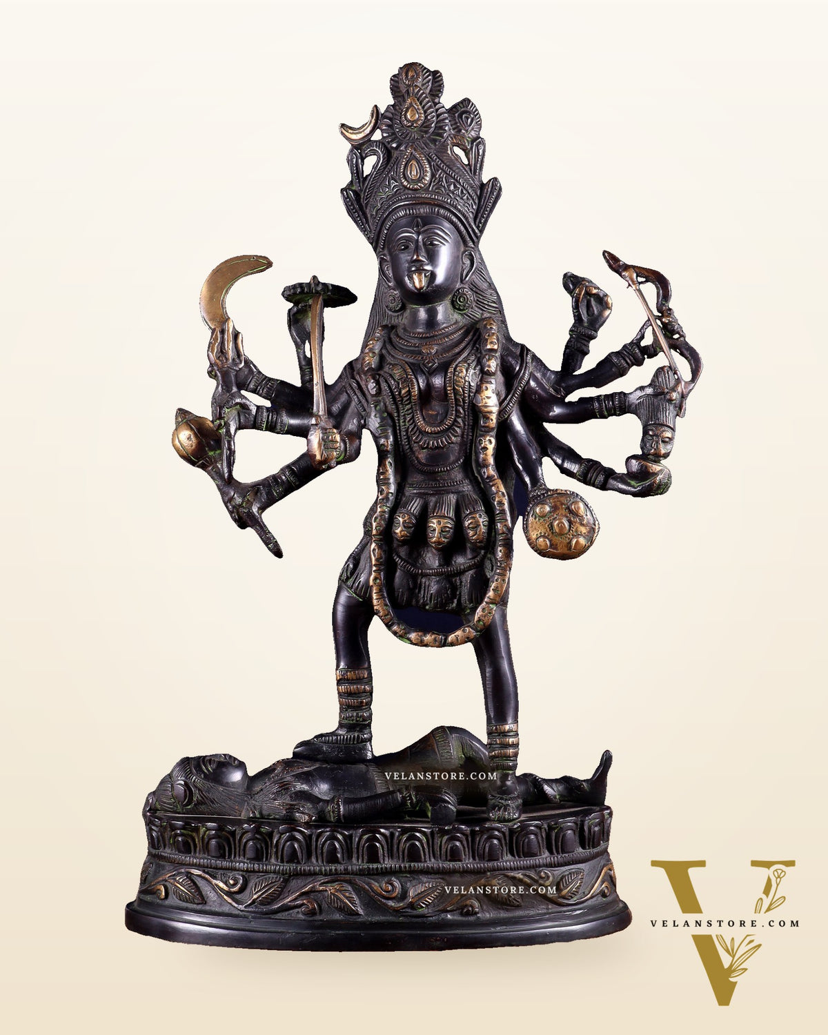 Pure Brass Vintage Goddess Kali Dashbhuja Idol | 14 inch" black edition