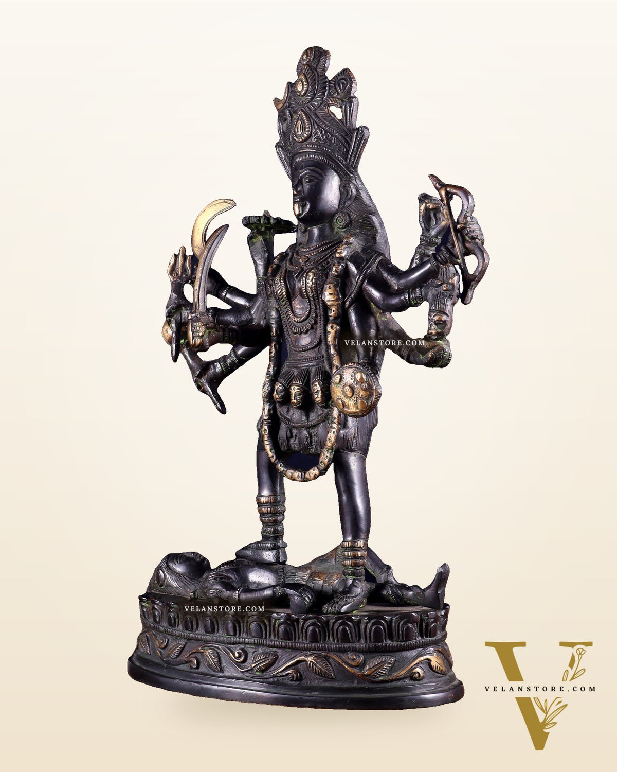 Pure Brass Vintage Goddess Kali Dashbhuja Idol | 14 inch" black edition