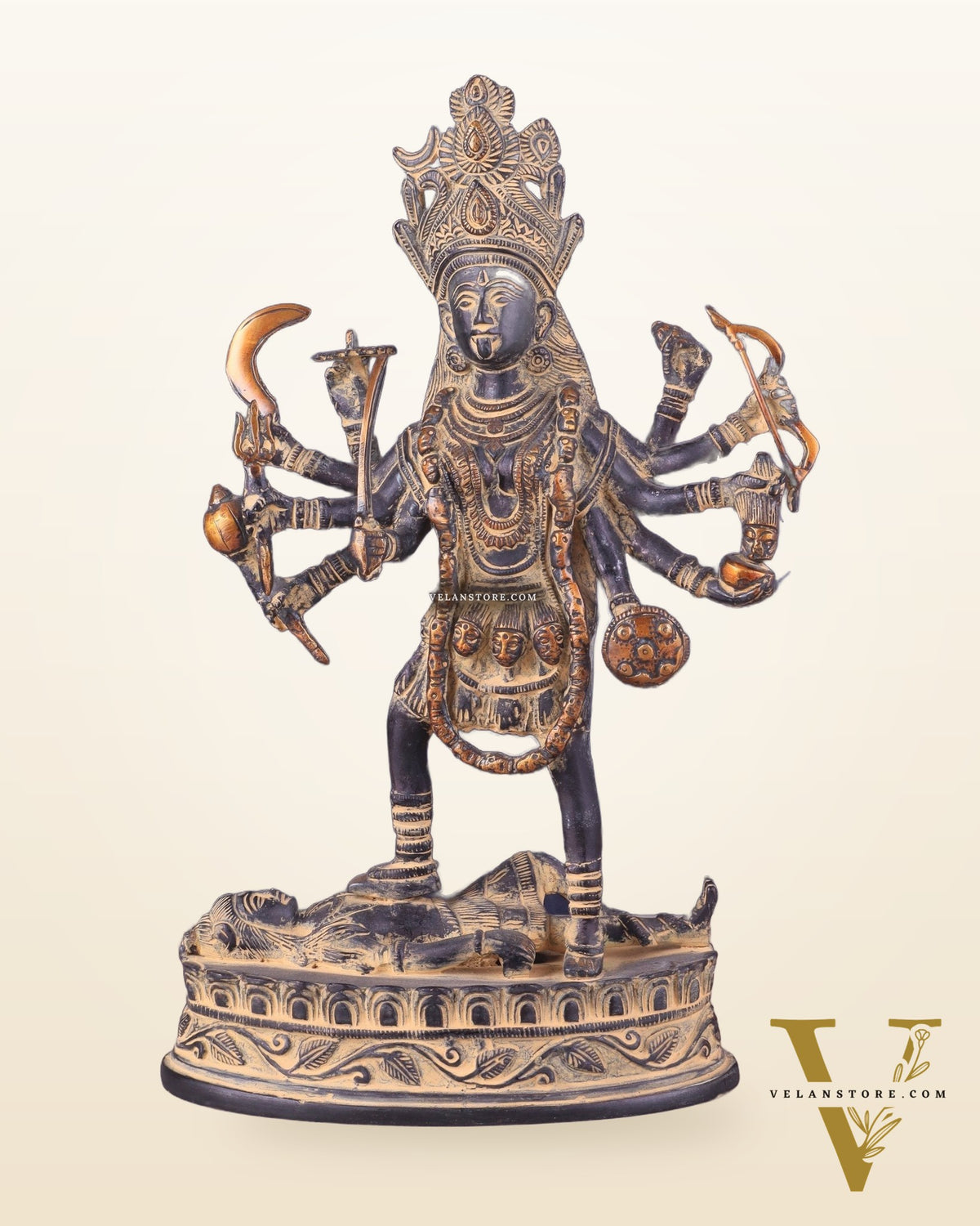 Pure Brass Vintage Goddess Kali Dashbhuja Idol | 14 inch"