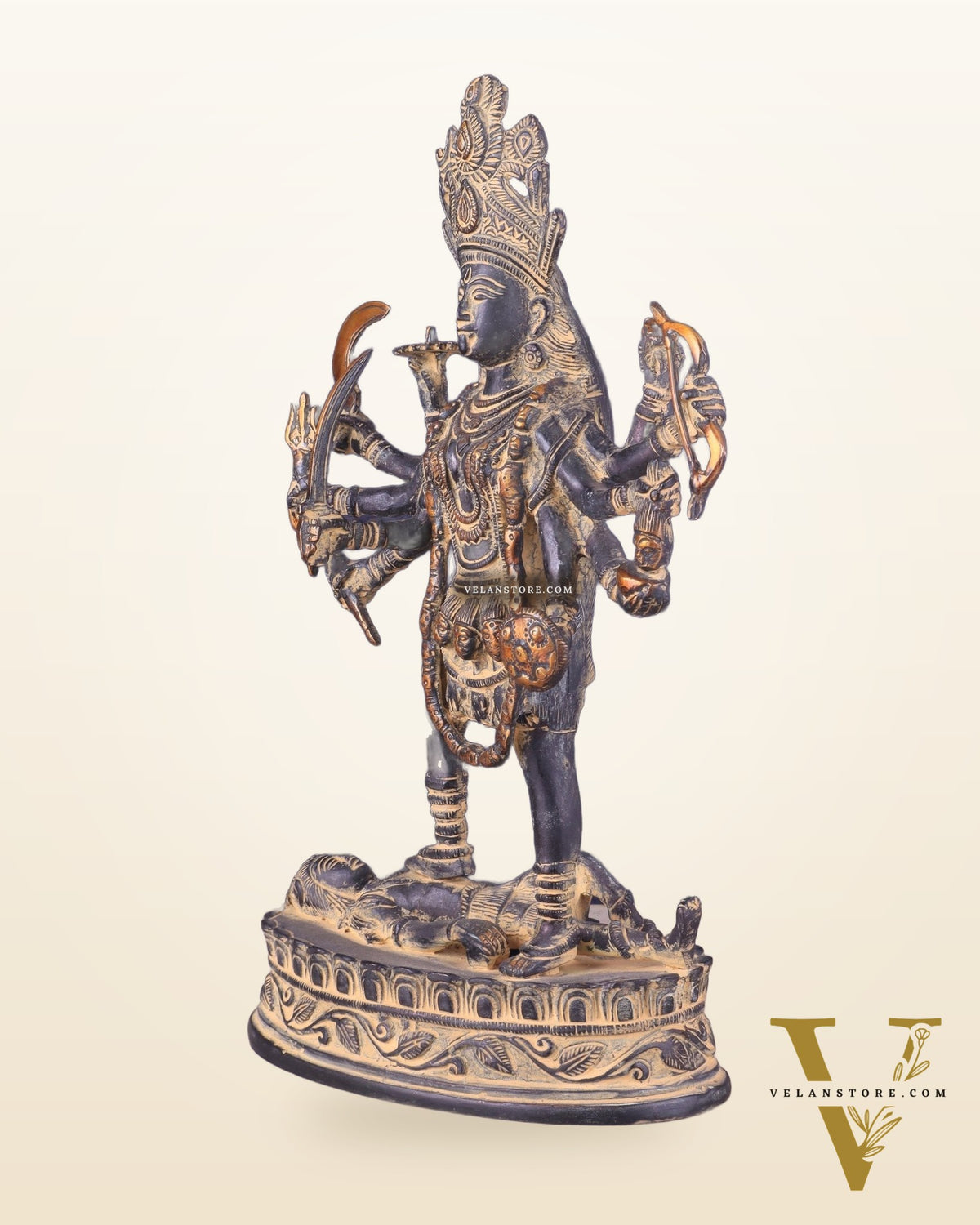 Pure Brass Vintage Goddess Kali Dashbhuja Idol | 14 inch"