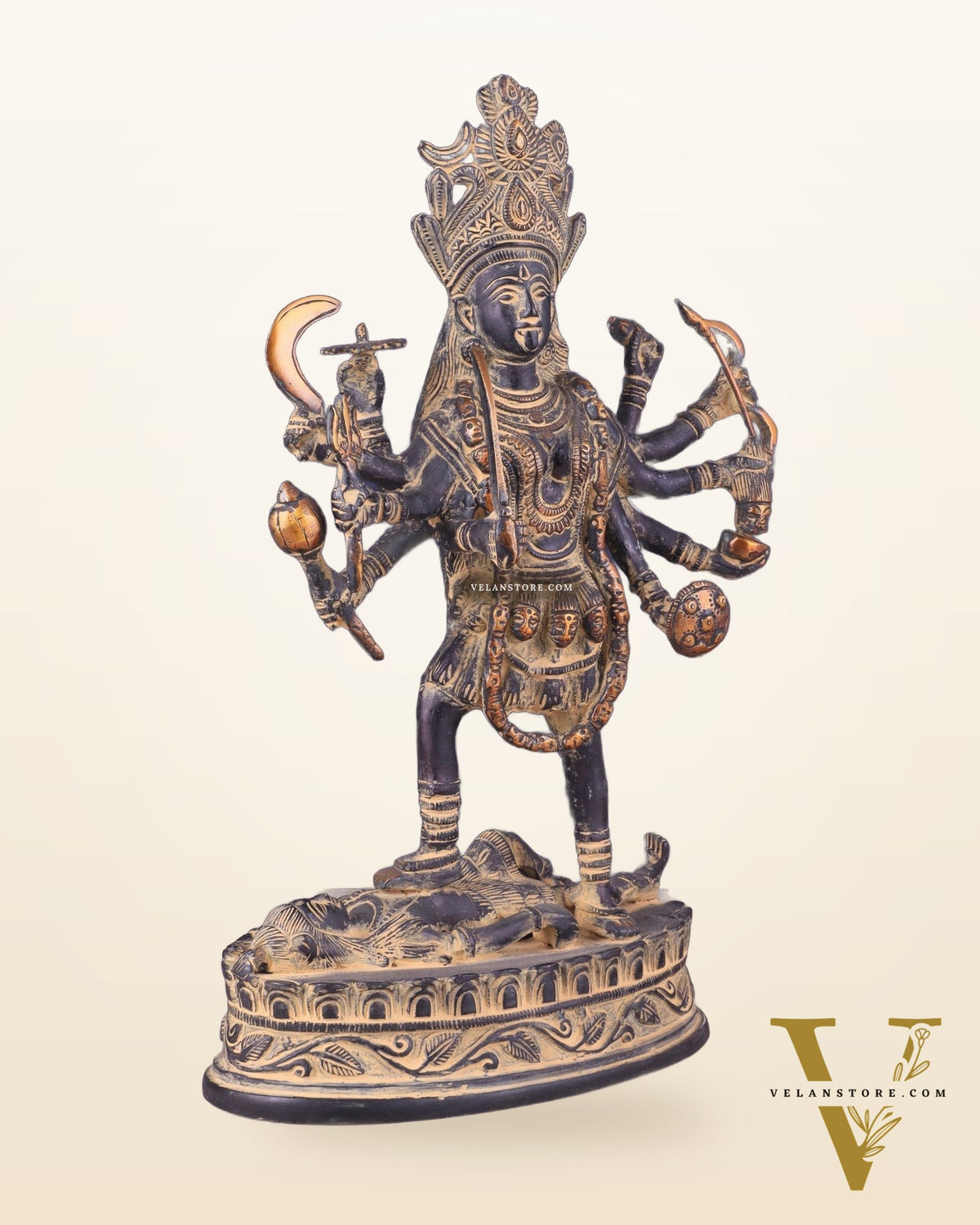 Pure Brass Vintage Goddess Kali Dashbhuja Idol | 14 inch"