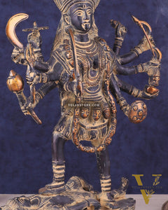 Pure Brass Vintage Goddess Kali Dashbhuja Idol | 14 inch"