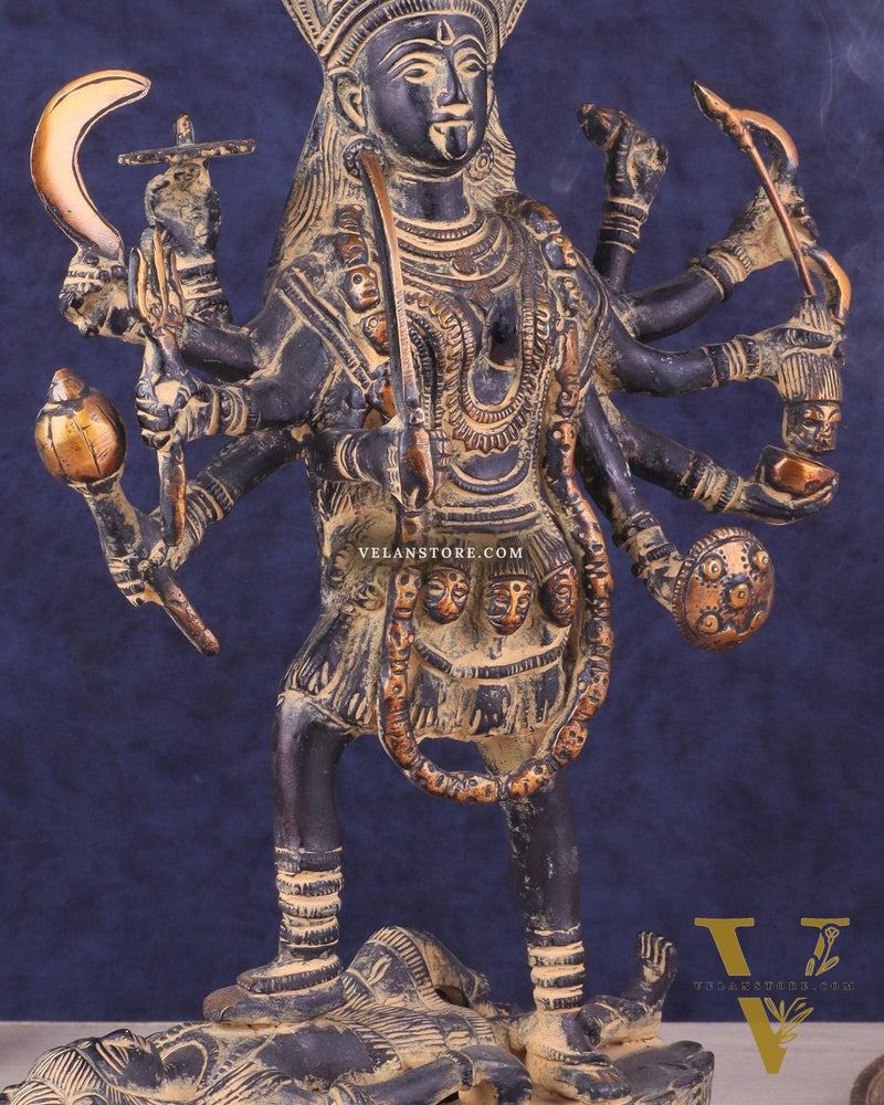 Pure Brass Vintage Goddess Kali Dashbhuja Idol | 14 inch"