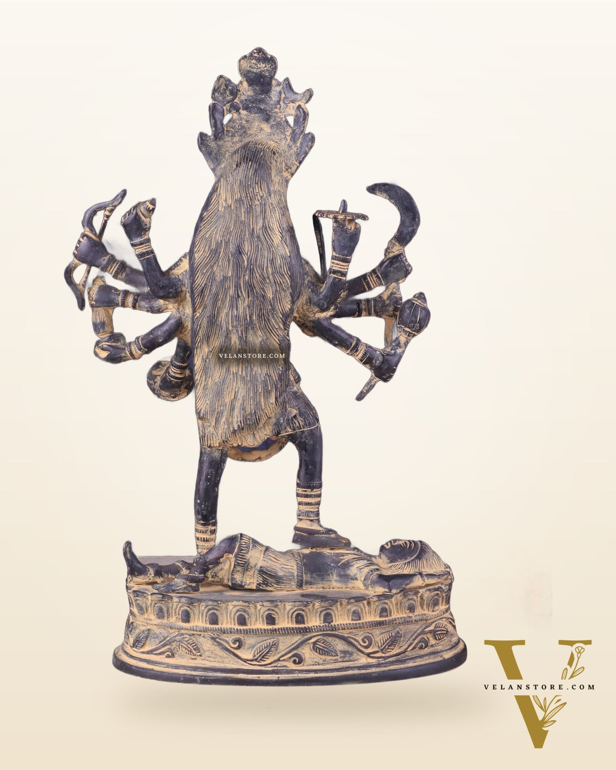 Pure Brass Vintage Goddess Kali Dashbhuja Idol | 14 inch"