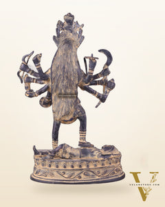 Pure Brass Vintage Goddess Kali Dashbhuja Idol | 14 inch"