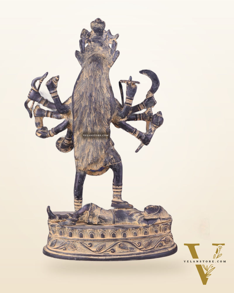 Pure Brass Vintage Goddess Kali Dashbhuja Idol | 14 inch"