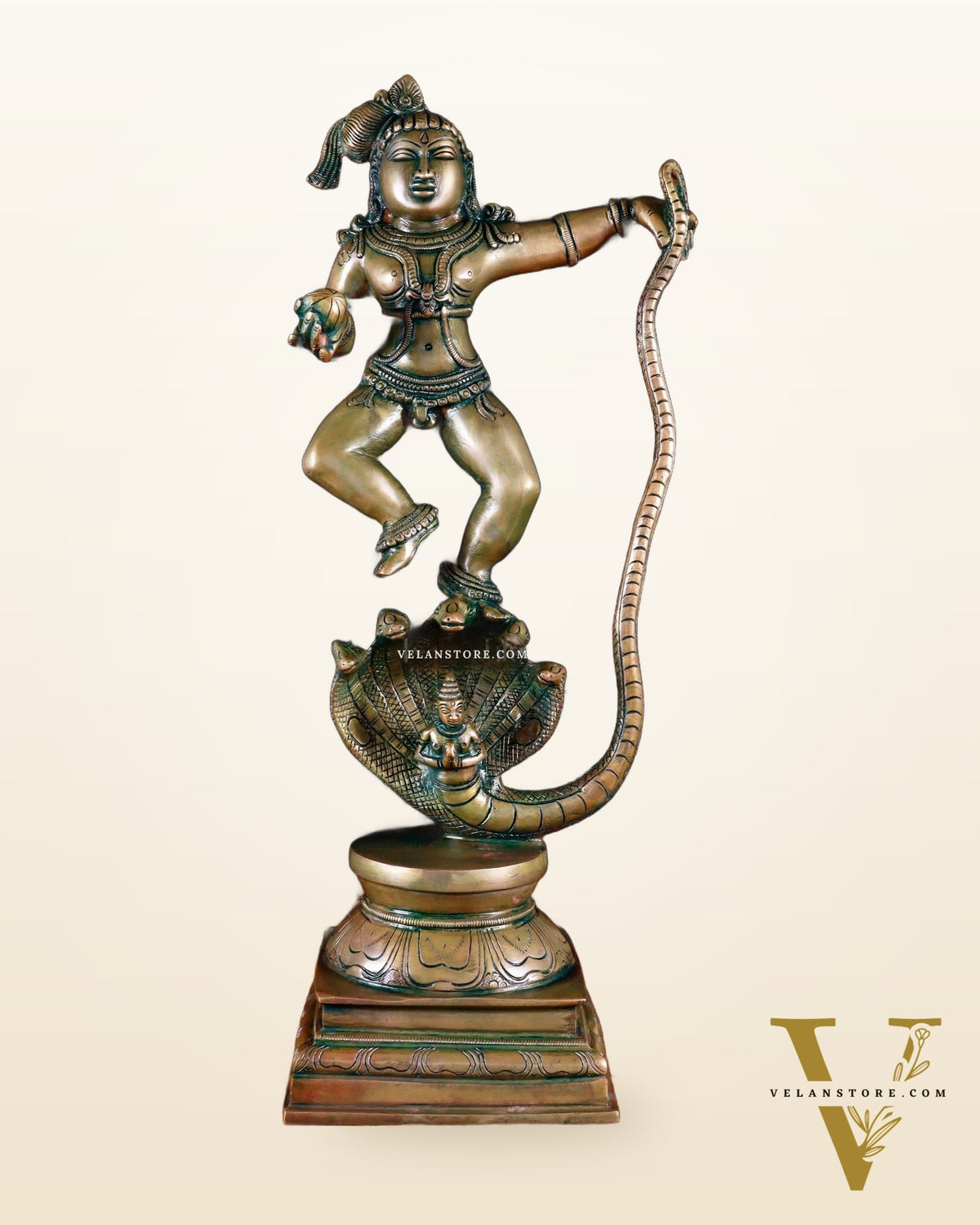 Pure Brass Vintage Kalinga Narthana Krishna Idol - 18 Inch chola craft