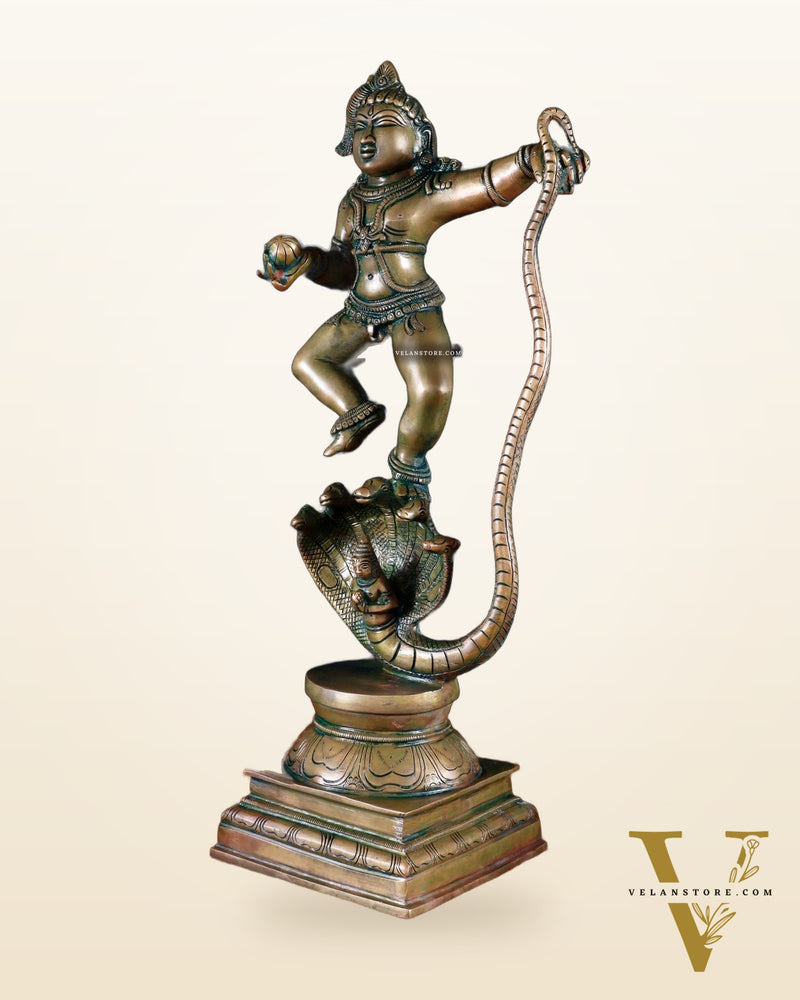 Pure Brass Vintage Kalinga Narthana Krishna Idol - 18 Inch chola craft