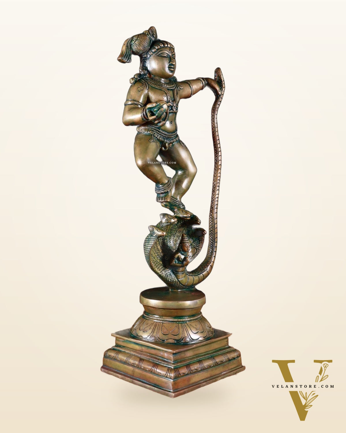 Pure Brass Vintage Kalinga Narthana Krishna Idol - 18 Inch chola craft
