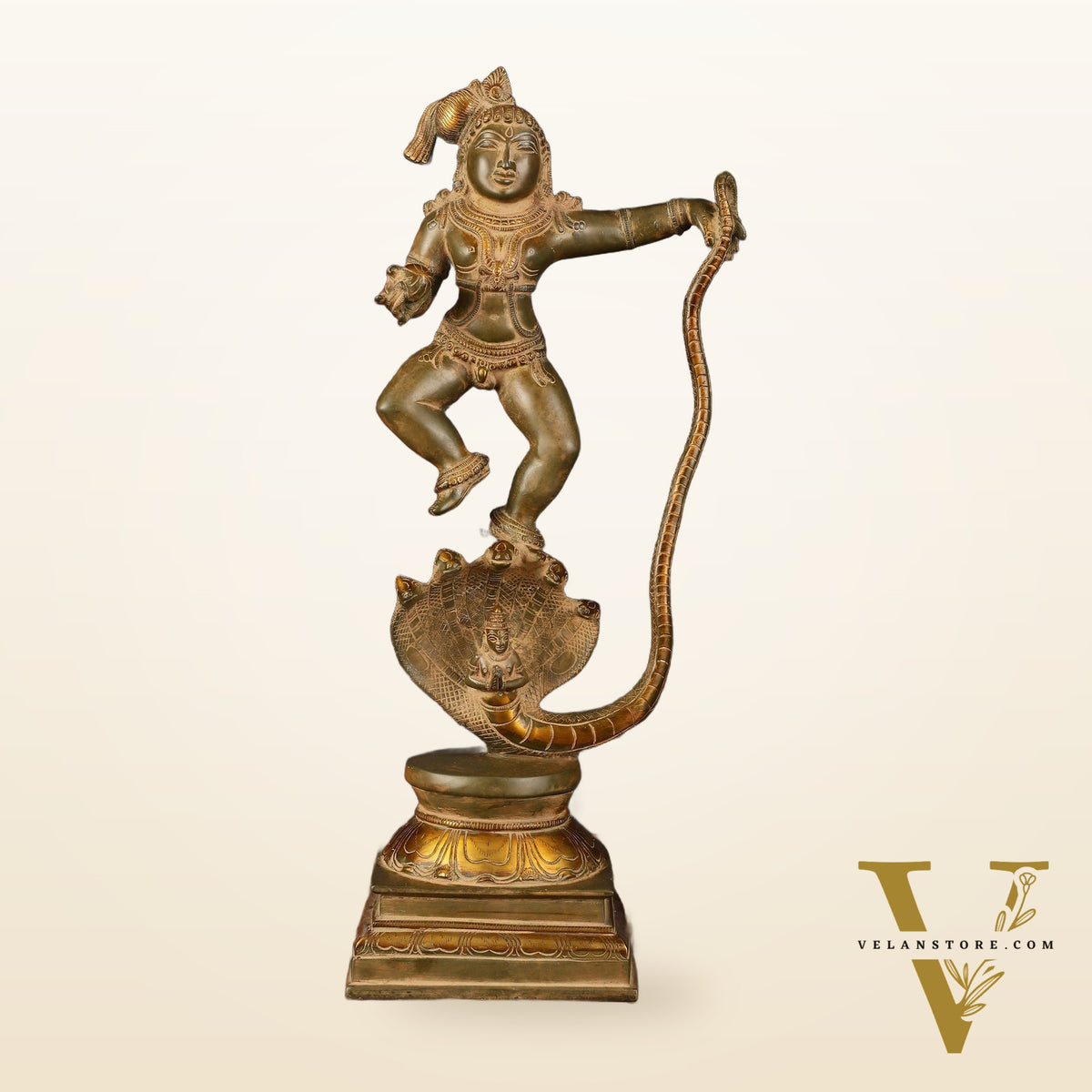 Pure Brass Vintage Kalinga Narthana Krishna Idol - 18 Inch
