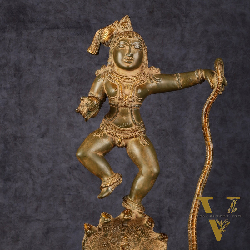 Pure Brass Vintage Kalinga Narthana Krishna Idol - 18 Inch