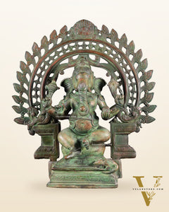 Pure Brass Vintage Lord Vinayaka (Ganesha) with Prabhavali - Green Patina, 15.5"