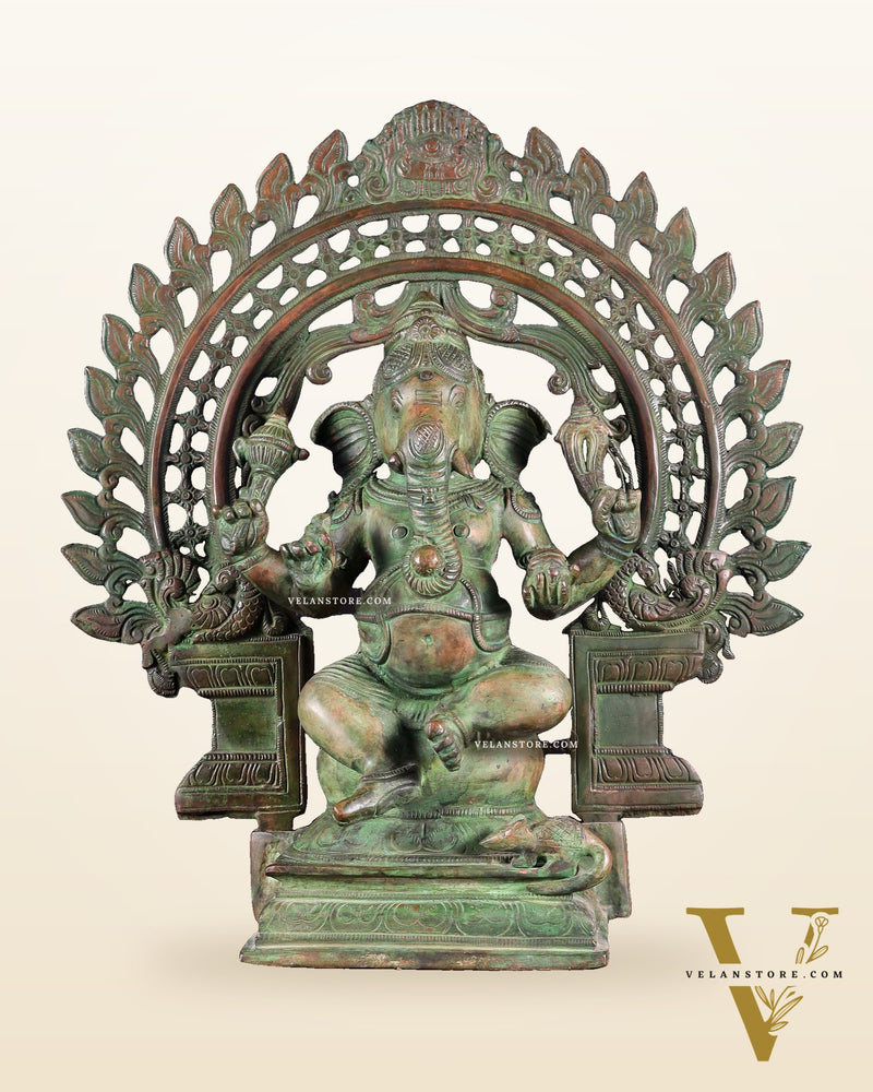 Pure Brass Vintage Lord Vinayaka (Ganesha) with Prabhavali - Green Patina, 15.5"