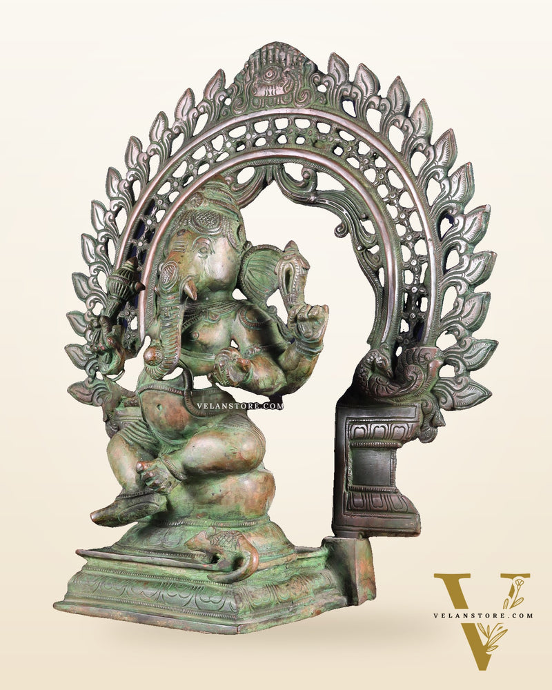 Pure Brass Vintage Lord Vinayaka (Ganesha) with Prabhavali - Green Patina, 15.5"