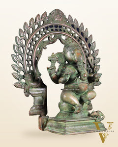 Pure Brass Vintage Lord Vinayaka (Ganesha) with Prabhavali - Green Patina, 15.5"