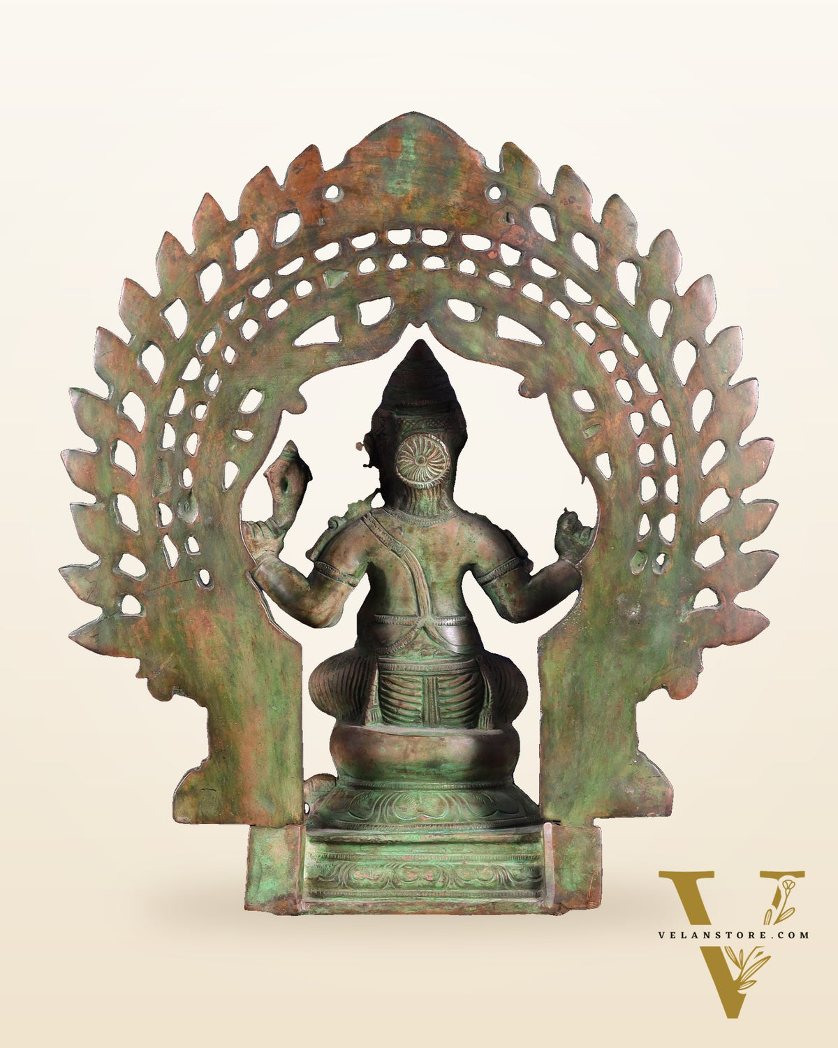 Pure Brass Vintage Lord Vinayaka (Ganesha) with Prabhavali - Green Patina, 15.5"