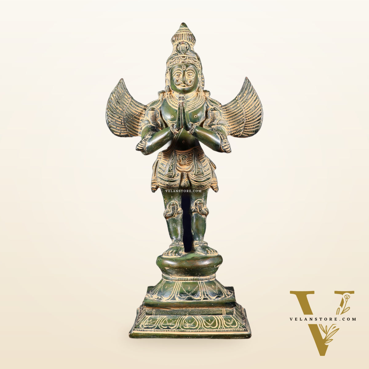 Pure Brass Vintage Standing Garuda Dev Statue – Green Patina Finish | 15.5 Inch