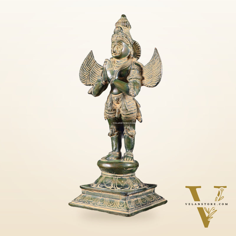 Pure Brass Vintage Standing Garuda Dev Statue – Green Patina Finish | 15.5 Inch