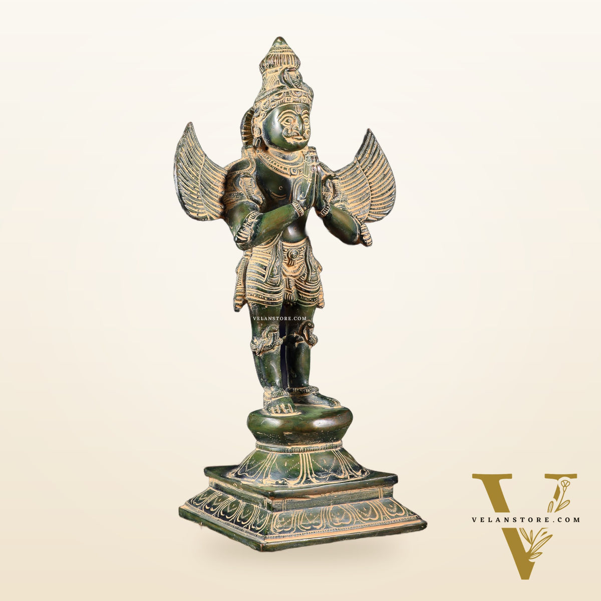 Pure Brass Vintage Standing Garuda Dev Statue – Green Patina Finish | 15.5 Inch