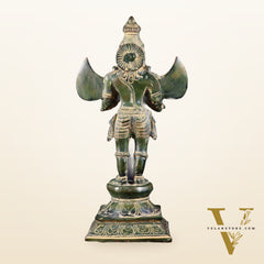 Pure Brass Vintage Standing Garuda Dev Statue – Green Patina Finish | 15.5 Inch