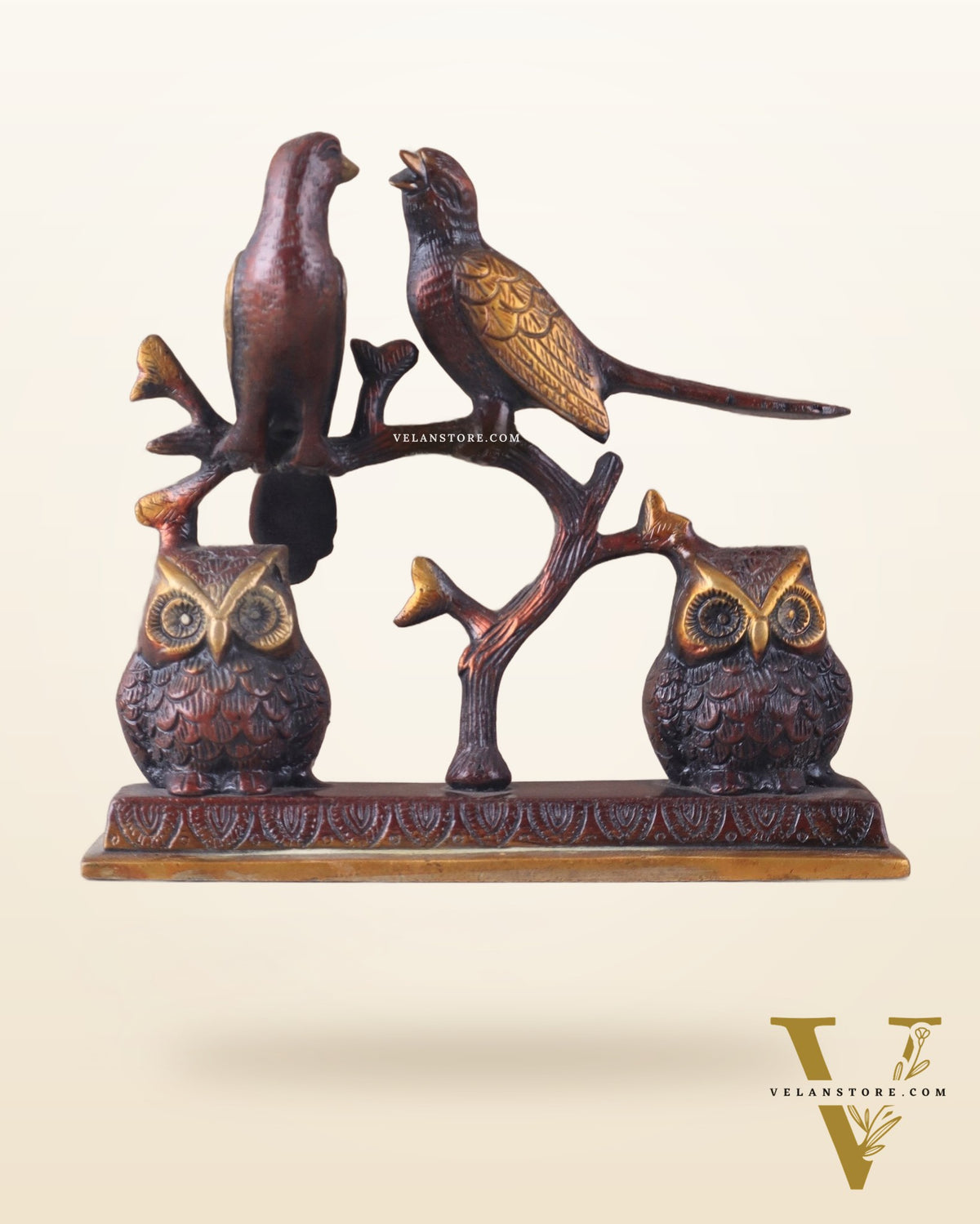 Pure Brass Vintage Tone Pair of Owls with Pair of Pigeons – Vastu Approved Showpiece 8.5"