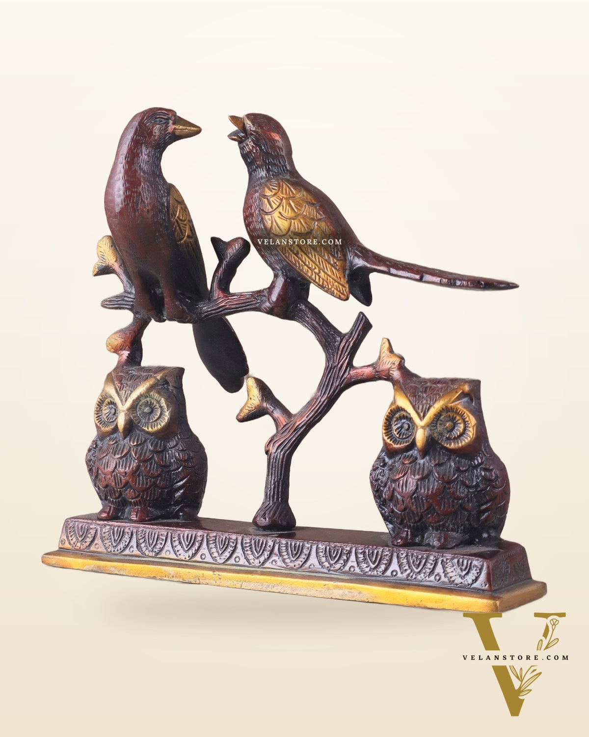 Pure Brass Vintage Tone Pair of Owls with Pair of Pigeons – Vastu Approved Showpiece 8.5"