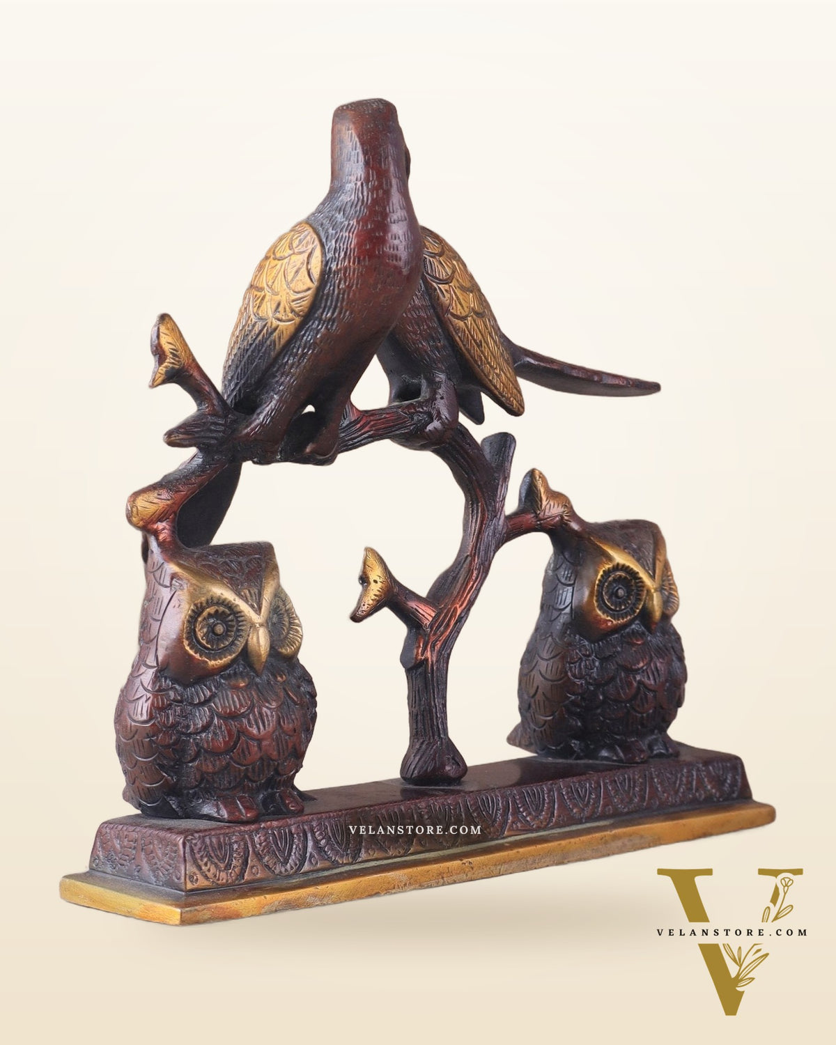 Pure Brass Vintage Tone Pair of Owls with Pair of Pigeons – Vastu Approved Showpiece 8.5"