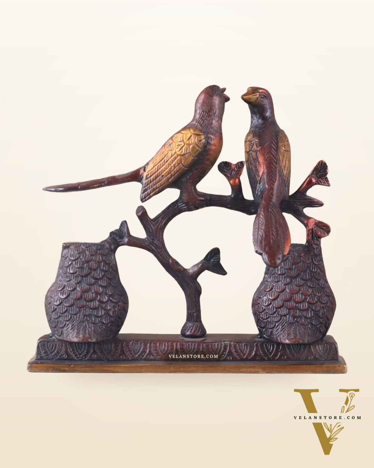 Pure Brass Vintage Tone Pair of Owls with Pair of Pigeons – Vastu Approved Showpiece 8.5"