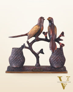 Pure Brass Vintage Tone Pair of Owls with Pair of Pigeons – Vastu Approved Showpiece 8.5"
