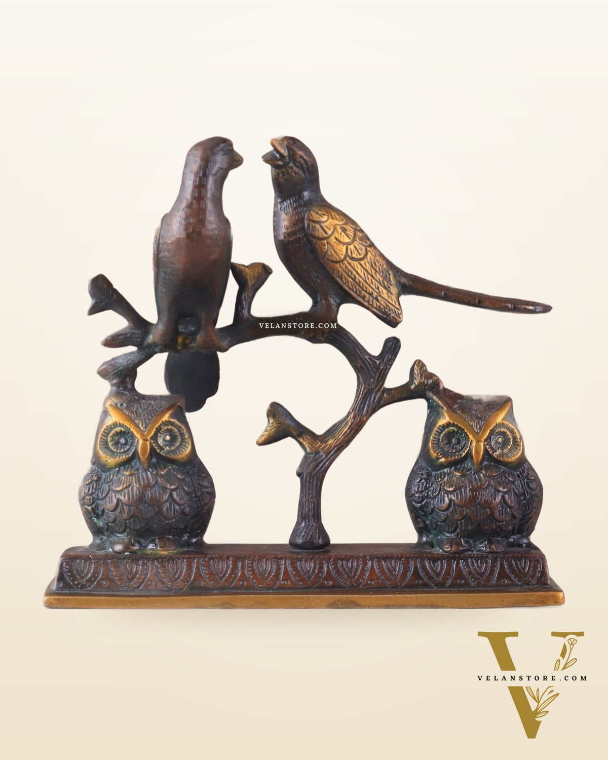 Pure Brass Vintage Tone Pair of Owls with Pair of Pigeons – Vastu Approved Showpiece 8.5"