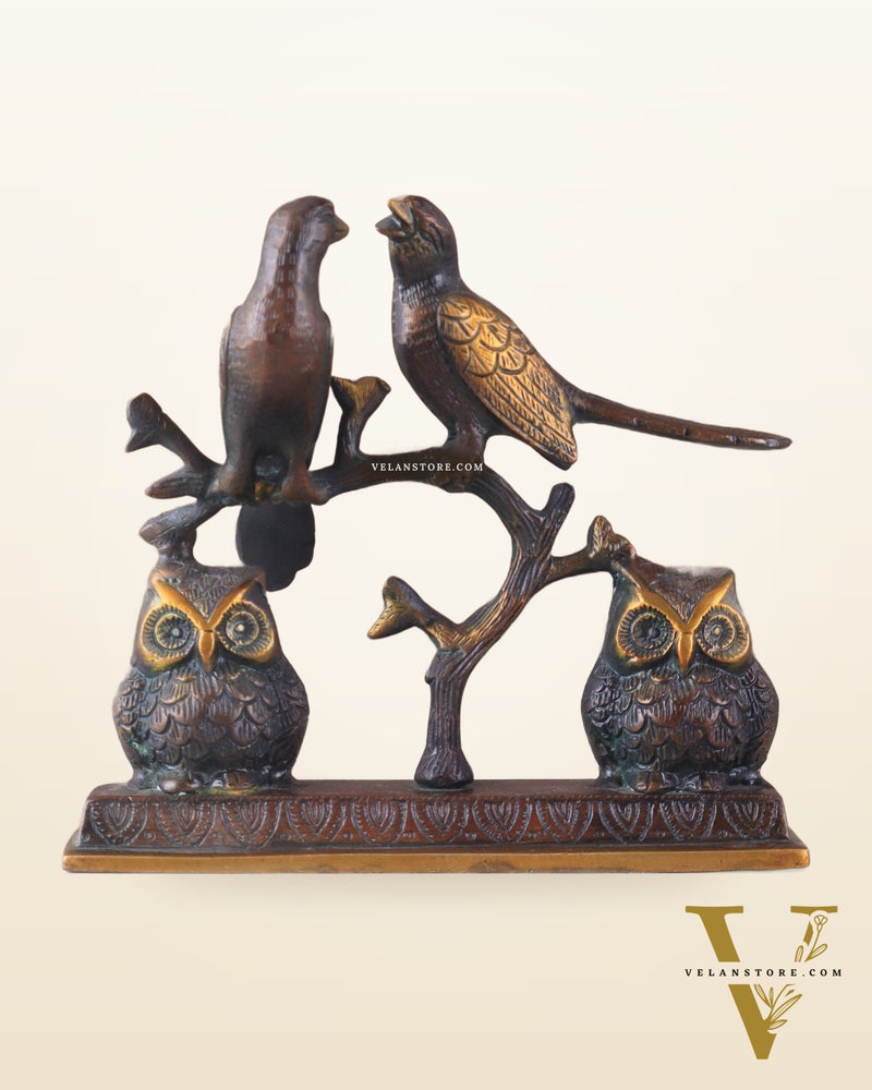 Pure Brass Vintage Tone Pair of Owls with Pair of Pigeons – Vastu Approved Showpiece 8.5"