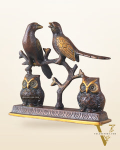 Pure Brass Vintage Tone Pair of Owls with Pair of Pigeons – Vastu Approved Showpiece 8.5"